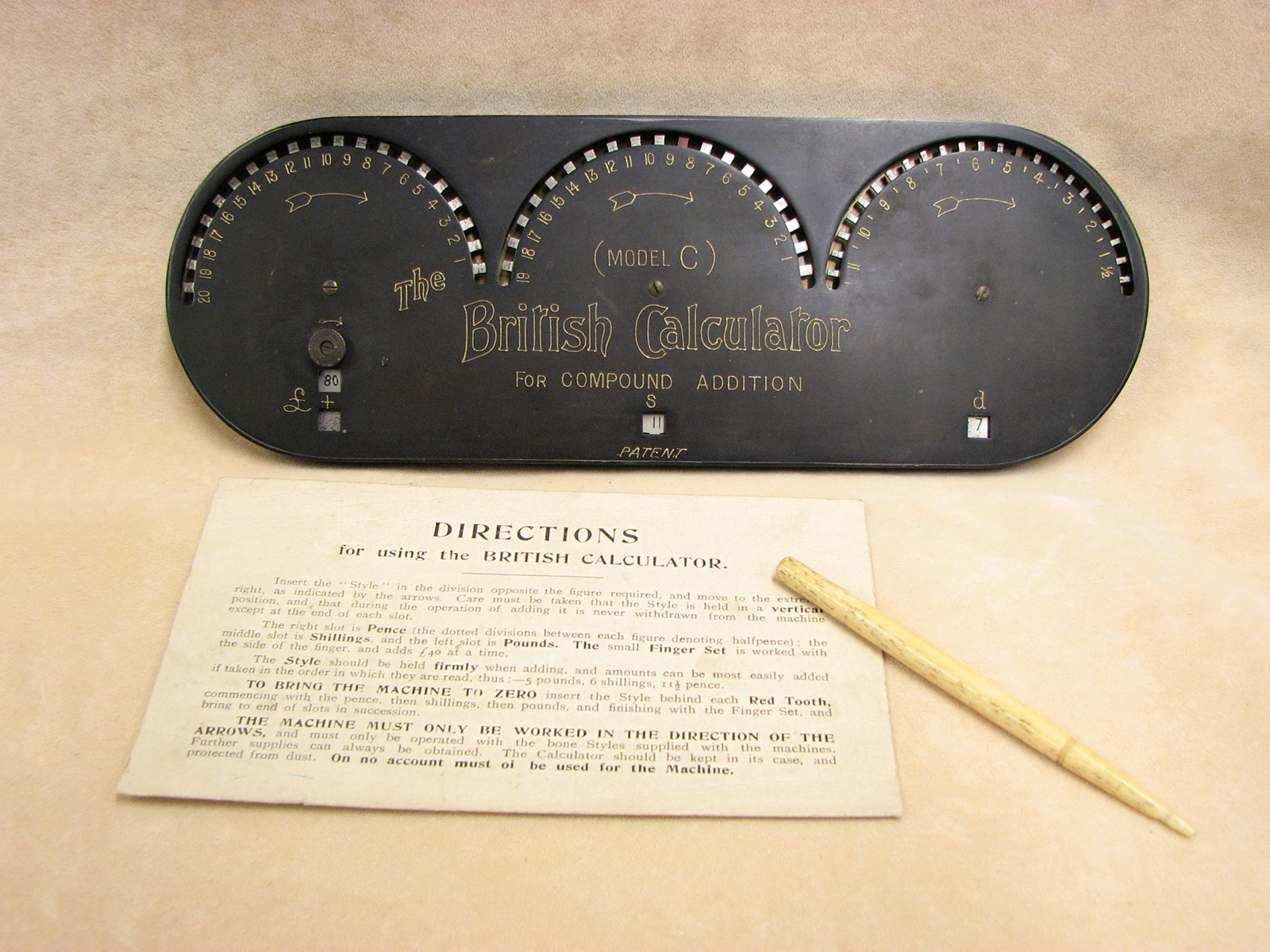 Rare BriCal linear Model C money calculating machine, circa 1909